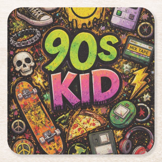 90s Kids Grunge Seamless Pattern: Pizza, Skeletons Square Paper Coaster (Front)