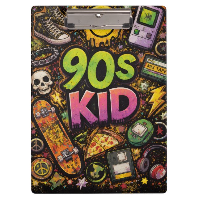 90s Kids Retro Pizza Smiley Face Flower Design Clipboard (Front)