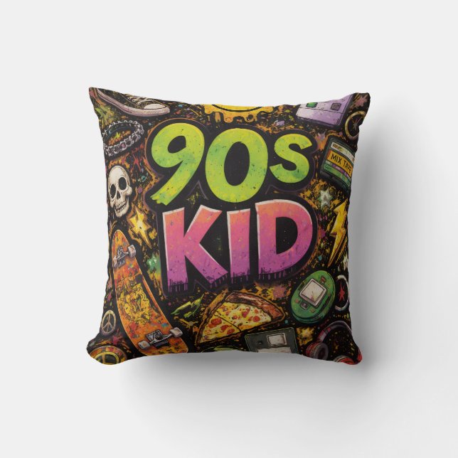 90s Kids Retro Skateboard Skeleton Pizza Grunge De Throw Pillow (Front)