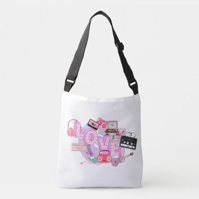 90s Love Vibes Tote Bag – Retro Pink Music & Tech  (Front)