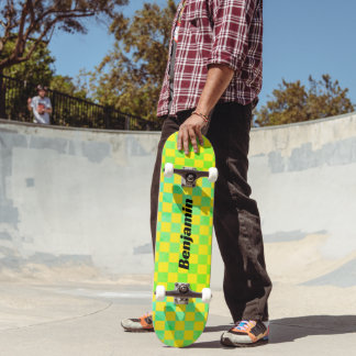 90s Retro Green and Yellow Chequerboard Skateboard
