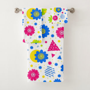 90s Retro Memphis Style Floral Vibrant Pop Art Bath Towel Set