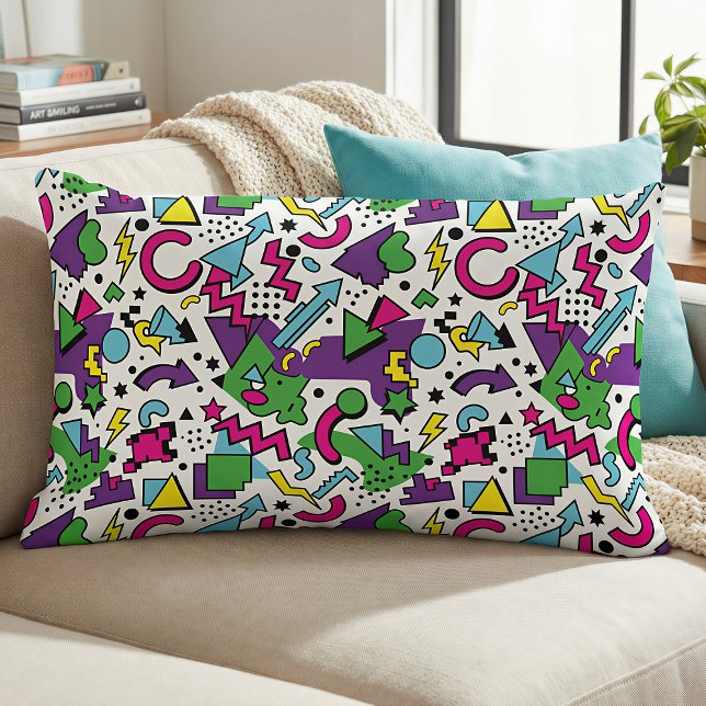 90s Retro Purple Turquoise Green Memphis Style Lumbar Pillow (Creator Uploaded)