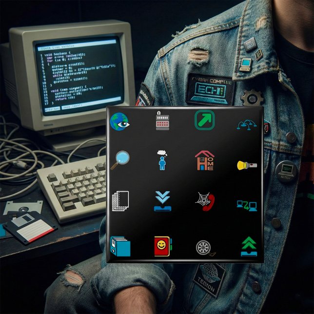 90s Retro Tech and Web Icon Pattern 2 Inch Square Button (Creator Uploaded)