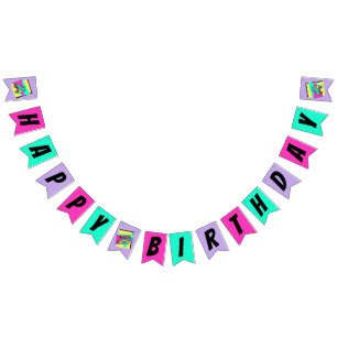 90s roller skate Happy Birthday teal purple pink Bunting Flags