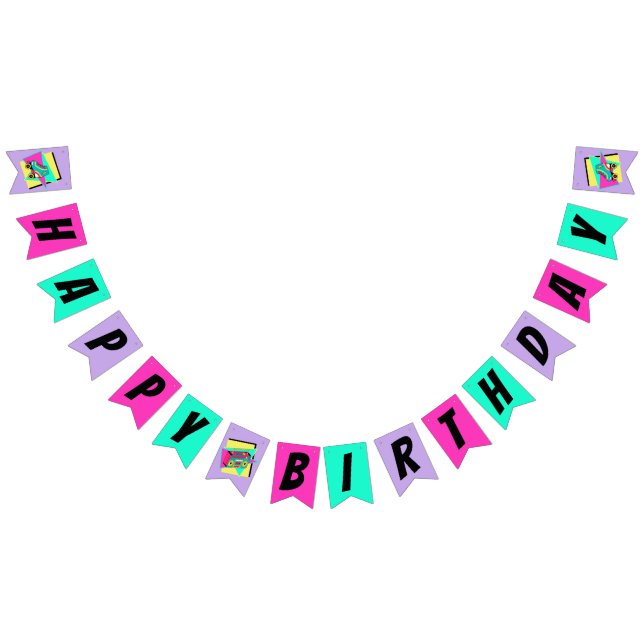 90s roller skate Happy Birthday teal purple pink Bunting Flags (All)