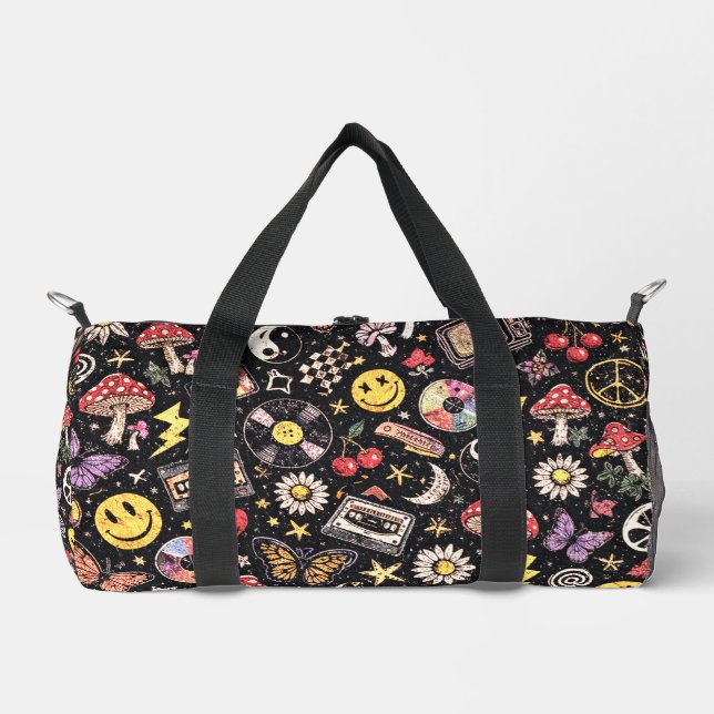 90s Smiley Faces Mushrooms Retro Pattern Duffle Bag (Front)
