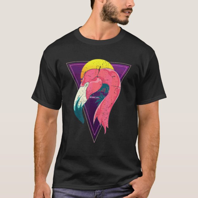 90s Sunset Synthwave Pink Flamingo Vaporwave Tropi T-Shirt (Front)