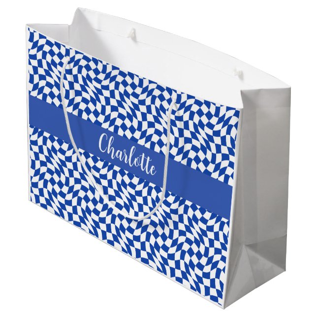 90's theme blue chequered name monogram large gift bag (Back Angled)