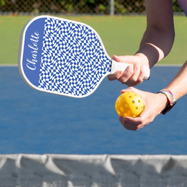 90's theme blue chequered name monogram pickleball paddle (Insitu)