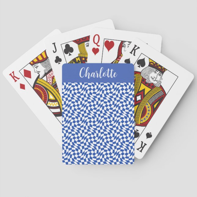 90's theme blue chequered name monogram playing cards (Back)