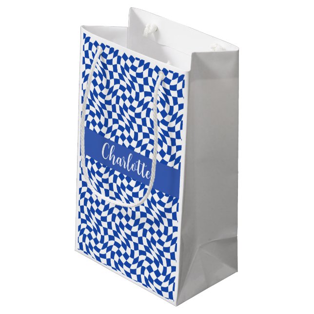 90's theme blue chequered name monogram small gift bag (Back Angled)