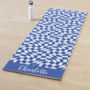 90's theme blue chequered name monogram yoga mat