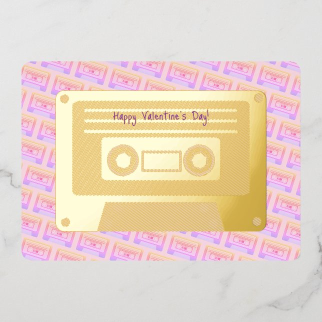 90s Y2k Cassette Pink Happy Valentines Day Gold Foil Holiday Card (Front)