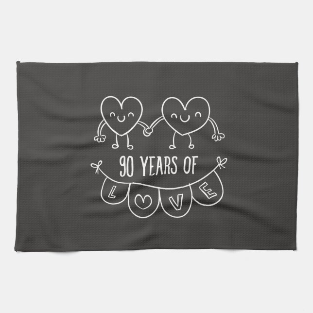 90th Anniversary Gift Chalk Hearts Kitchen Towel (Horizontal)