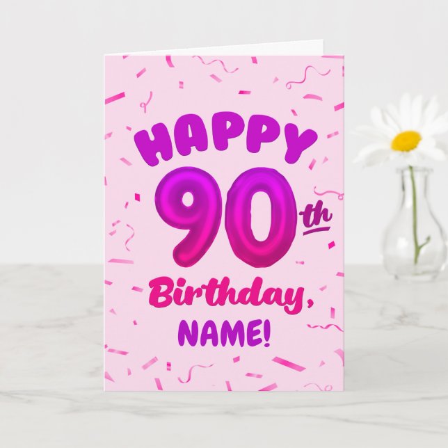 90th Balloon Number Custom Name Birthday Card (Small Plant)