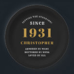 90th Birthday 1931 Black Gold Love Personalized Paper Plate<br><div class="desc">A personalized classic paper plate design for that birthday celebration for a special person born in 1931 and turning 90. Add the name to this vintage retro style black, white and gold design for a custom 90th birthday gift. Easily edit the name and year with the template provided. A wonderful...</div>