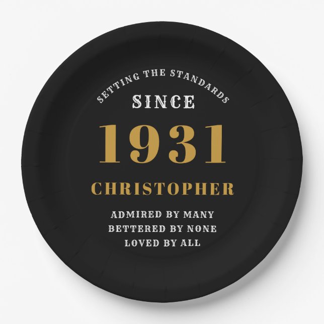 90th Birthday 1931 Black Gold Love Personalized Paper Plate (Front)