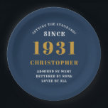 90th Birthday 1931 Blue Gold Love Personalized Paper Plate<br><div class="desc">A personalized classic paper plate design for that birthday celebration for a special person born in 1931 and turning 90. Add the name to this vintage retro style blue, white and gold design for a custom 90th birthday gift. Easily edit the name and year with the template provided. A wonderful...</div>