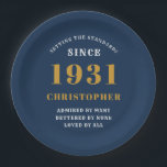 90th Birthday 1931 Blue Gold Love Personalized Paper Plate<br><div class="desc">A personalized classic paper plate design for that birthday celebration for a special person born in 1931 and turning 90. Add the name to this vintage retro style blue, white and gold design for a custom 90th birthday gift. Easily edit the name and year with the template provided. A wonderful...</div>