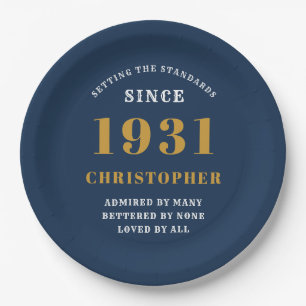 90th Birthday 1931 Blue Gold Love Personalized Paper Plate