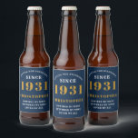 90th Birthday 1931 Blue Gold Retro Personalized Beer Bottle Label<br><div class="desc">A personalized classic label design for that birthday celebration for a special person born in 1931 and turning 90. Add the name to this vintage retro style blue, white and gold design for a custom 90th birthday gift. Easily edit the name and year with the template provided. A wonderful custom...</div>