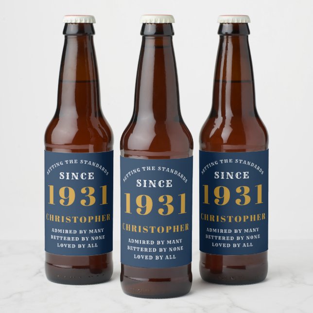 90th Birthday 1931 Blue Gold Retro Personalized Beer Bottle Label (Bottles)