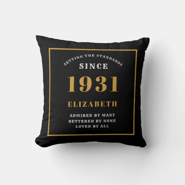 90th Birthday 1931 Elegant Chic Black Personalized Throw Pillow (Front)