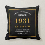 90th Birthday 1931 Elegant Chic Black Personalized Throw Pillow<br><div class="desc">For those born in 1931 and celebrating their 90th birthday we have the ideal surprise birthday party throw pillow gift. The black background with a white and gold design is simple and yet elegant. Easily customize the text to the front and the interior of these party supplies using the template...</div>