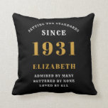 90th Birthday 1931 Elegant Chic Black Personalized Throw Pillow<br><div class="desc">For those born in 1931 and celebrating their 90th birthday we have the ideal surprise birthday party throw pillow gift. The black background with a white and gold design is simple and yet elegant. Easily customize the text to the front and the interior of these party supplies using the template...</div>