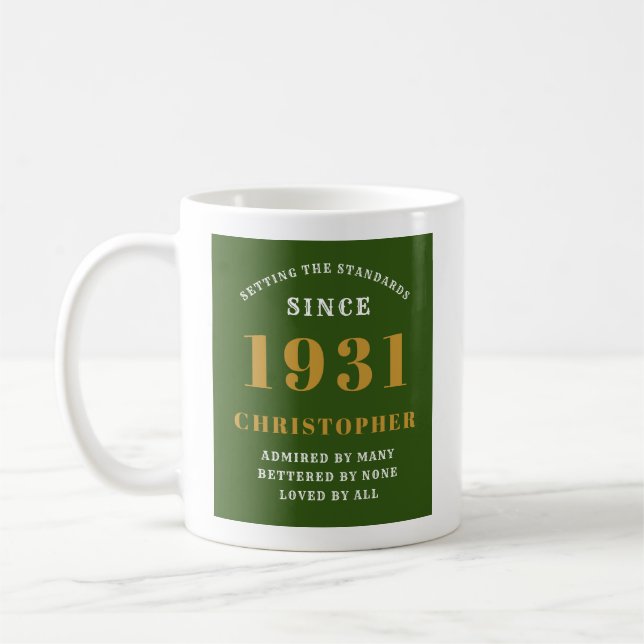 90th Birthday 1931 Elegant Chic Green Personalized Coffee Mug (Left)