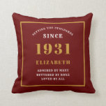 90th Birthday 1931 Elegant Chic Red Personalized Throw Pillow<br><div class="desc">For those born in 1931 and celebrating their 90th birthday we have the ideal surprise birthday party throw pillow gift. The red background with a white and gold design is simple and yet elegant. Easily customize the text to the front and the interior of these party supplies using the template...</div>