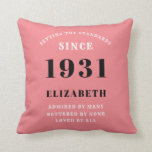 90th Birthday 1931 Personalized Add Your Name Pink Throw Pillow<br><div class="desc">For those born in 1931 and celebrating their 90th birthday we have the ideal surprise birthday party throw pillow gift. The pink background with a white and dark grey design is simple and yet elegant. Easily customize the text to the front and the interior of these party supplies using the...</div>