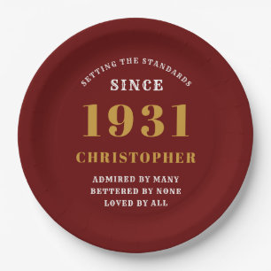 90th Birthday 1931 Red Gold Love Personalized Paper Plate