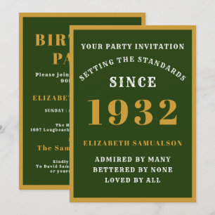 90th Birthday 1932 Elegant Green Gold Name Age Invitation