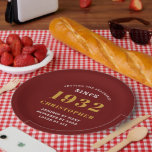 90th Birthday 1932 Red Gold Love Name Year Paper Plate<br><div class="desc">A personalized classic paper plate design for that birthday celebration for a special person born in 1932 and turning 90. Add the name to this vintage retro style red, white and gold design for a custom 90th birthday gift. Easily edit the name and year with the template provided. A wonderful...</div>
