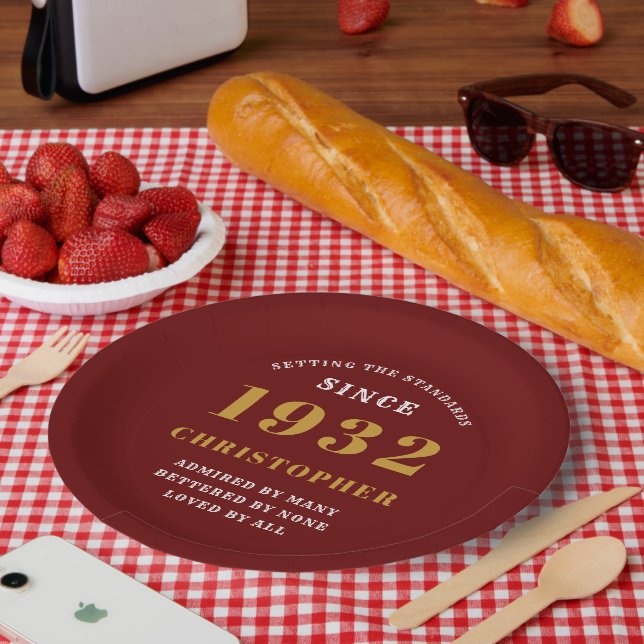 90th Birthday 1932 Red Gold Love Name Year Paper Plate (Picnic)