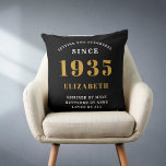 90th Birthday 1935 Black Gold lady's Personalized Throw Pillow<br><div class="desc">A personalized classic throw pillow design for that birthday celebration for special person born in 1935. Add the name to this vintage retro style black, white and gold design for a custom birthday gift. Easily edit the name and year with the template provided. A wonderful custom birthday gift. More gifts...</div>