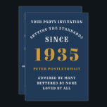 90th Birthday 1935 Blue Gold Personalized For Him Invitation<br><div class="desc">For those born in 1935 and celebrating their 90th birthday party we have the ideal birthday invitation card. The blue background with a white and gold design is simple and yet elegant. Easily customize the text to the front and the rear of this birthday invitation card using the template provided....</div>