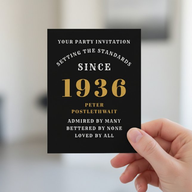 90th Birthday 1936 Black Gold Invitation (1936 invitation postcard. Blurred background.)