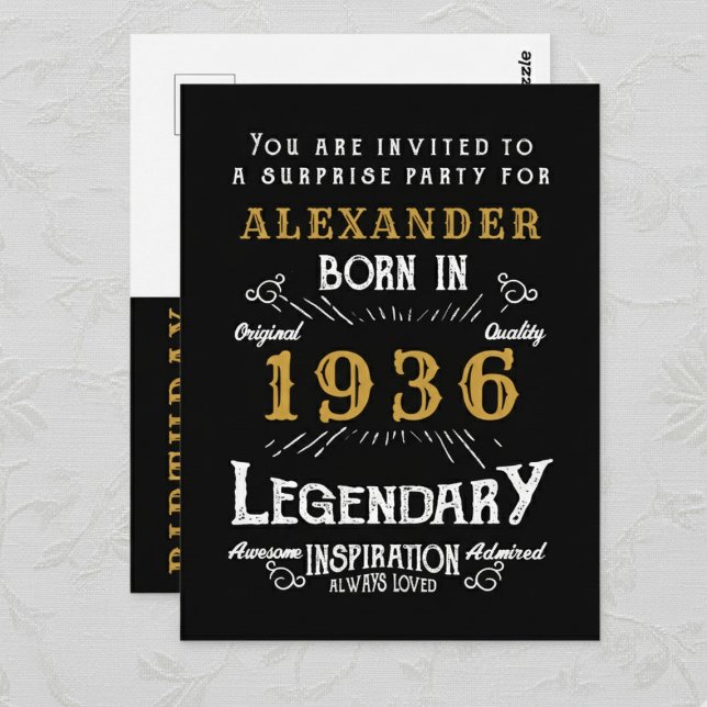 90th Birthday 1936 Black Gold Legend Invitation (1936 birthday invitation postcard. Background white lace.)