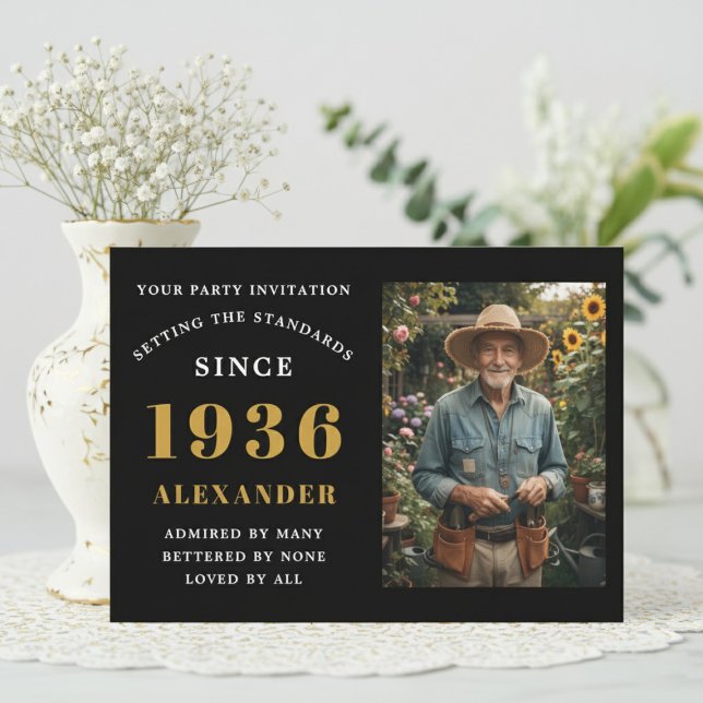 90th Birthday 1936 Black Gold Personalized Photo Invitation (1936 birthday invitation. White background with flowers.)