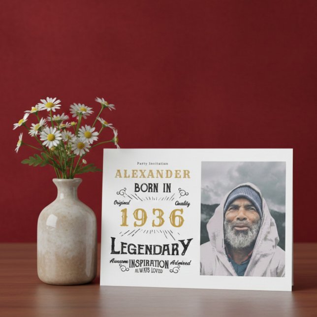 90th Birthday 1936 Legend White & Gold Photo Invitation (Born 1936 party invitation)