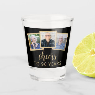 90th Birthday 3-Photo Black Gold Script Cheers Shot Glass
