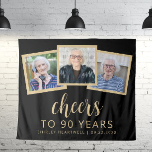 90th Birthday 3-Photo Black Gold Script Cheers Tapestry