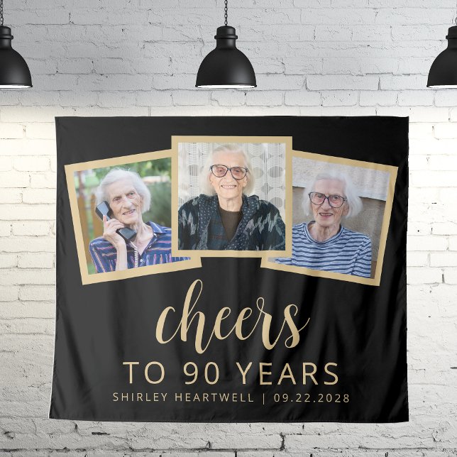 90th Birthday 3-Photo Black Gold Script Cheers Tapestry (Creator Uploaded)