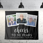 90th Birthday 3-Photo Black White Script Cheers Tapestry<br><div class="desc">This custom 90th birthday tapestry features a collage of three custom square photos above the phrase "Cheers to 90 years" in elegant white calligraphy script and sans serif font on a black background. Add the guest of honour's name and birthday below. A great way to celebrate someone who's turning ninety!...</div>