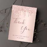 90th birthday 90 rose gold glitter drips glamorous thank you card<br><div class="desc">A thank you card for a 90th birthday. A rose gold faux metallic looking background color. With faux glitter drips, paint drip look. On front large dark rose gold colored hand lettered script and the text: Thank You, your text, title and a date. Back: Template for Your thank you note...</div>