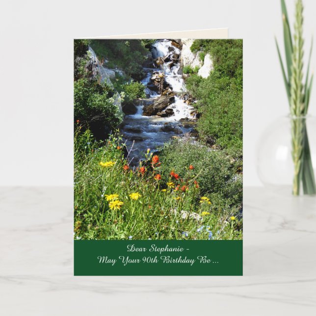 90th Birthday Adventure Waterfall with Wildflowers Card (Front)