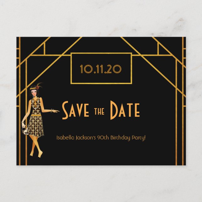 90th birthday art deco 1920's save the date postcard (Front)